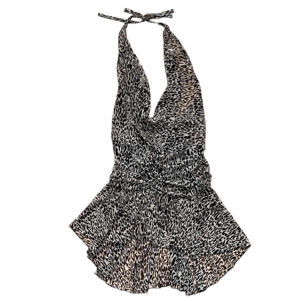 Y2K Hi-Low Cowl-front Halter leopard dress- Sz S